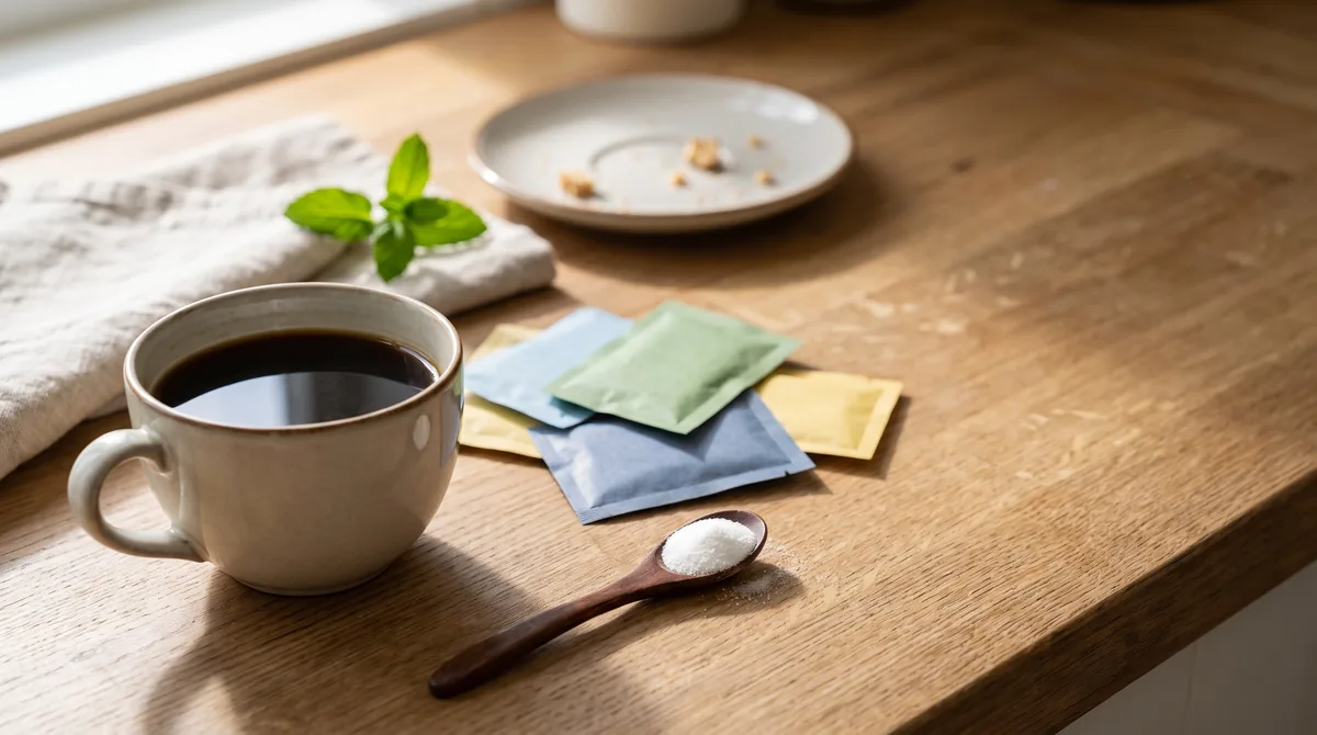 Various colorful packets of artificial sweeteners and a spoonful of white powder next to a cup of coffee.