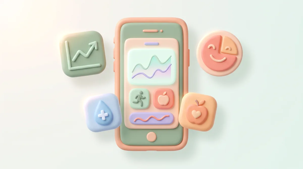 A smartphone surrounded by charts and graphs comparing different features of insulin resistance tracking apps