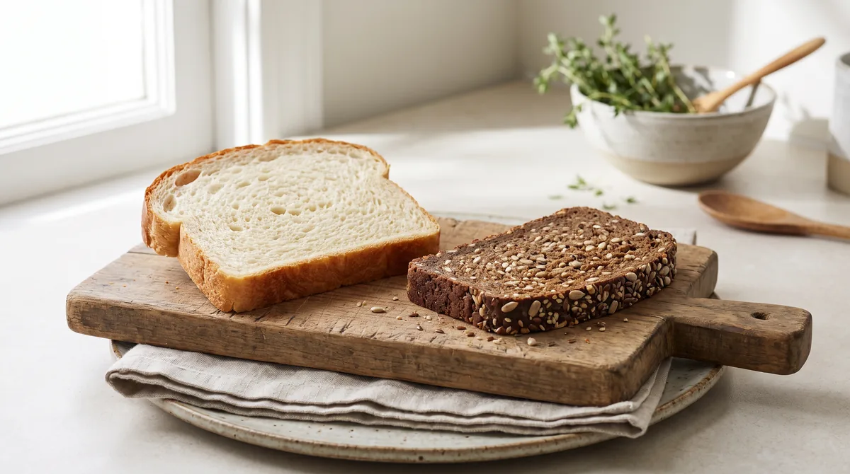 Direkter Vergleich zwischen einer Scheibe weißem Toastbrot und einer Scheibe dichtem, grobem Pumpernickel auf einem Holzbrett