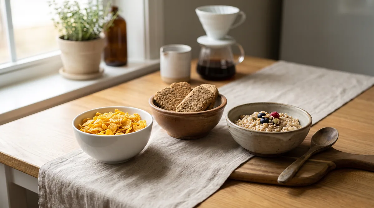 Verschiedene Arten von Frühstückscerealien, darunter Cornflakes, Weizenkekse und grob geschnittene Haferflocken, in Schüsseln auf einem morgendlichen Frühstückstisch.