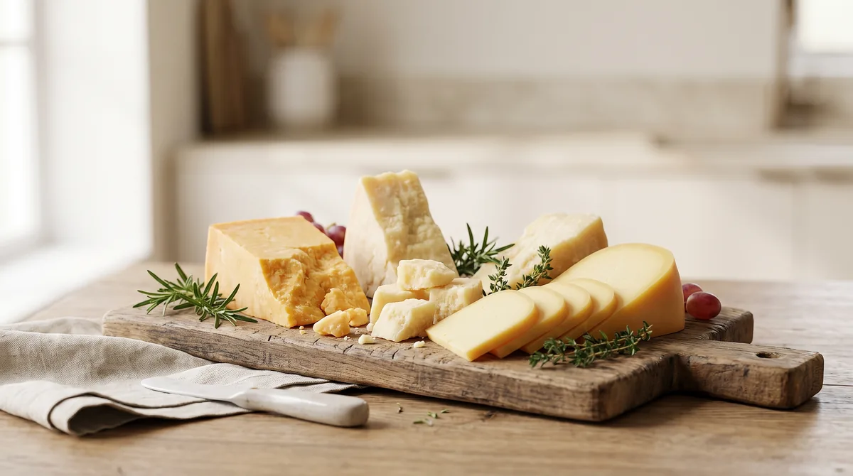 Et rustikt trebrett som viser et utvalg av vellagrede og faste oster med lav glykemisk indeks, som cheddar og parmesan
