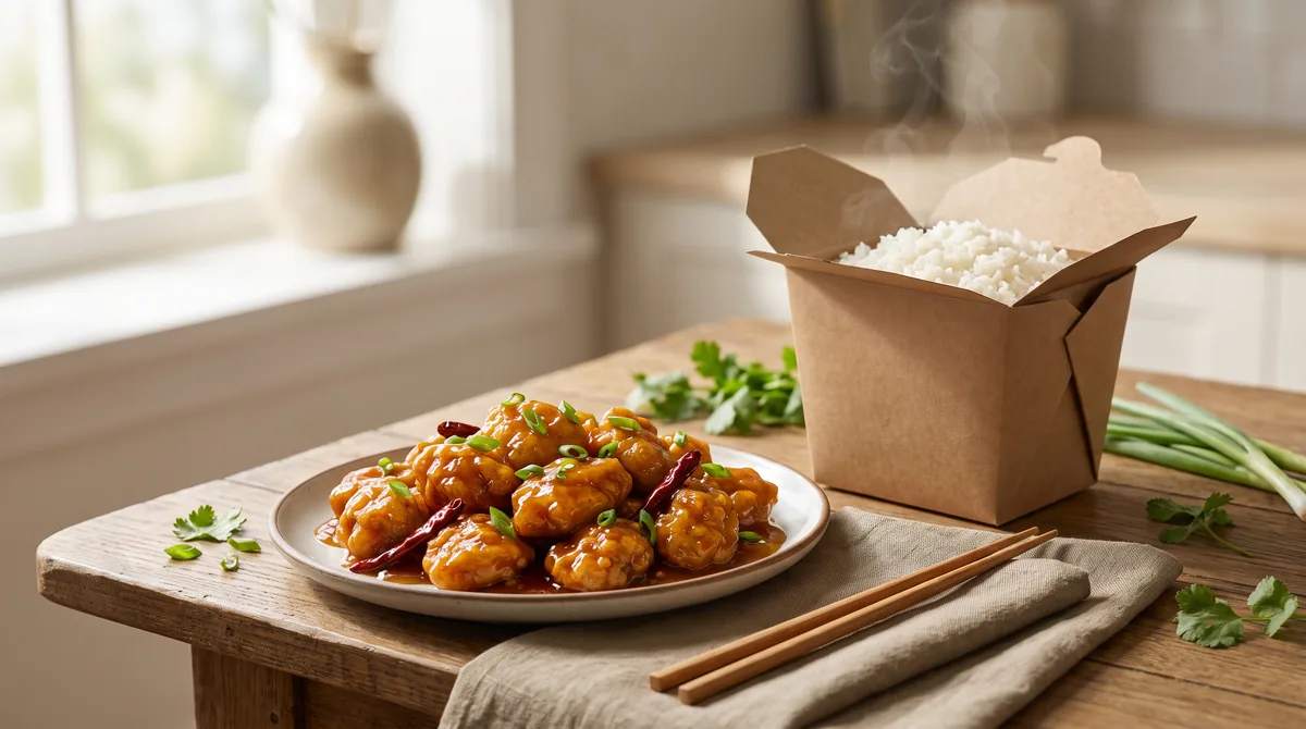 A spread of Chinese takeout food including white rice and glossy orange chicken, highlighting dishes that can impact blood sugar levels.
