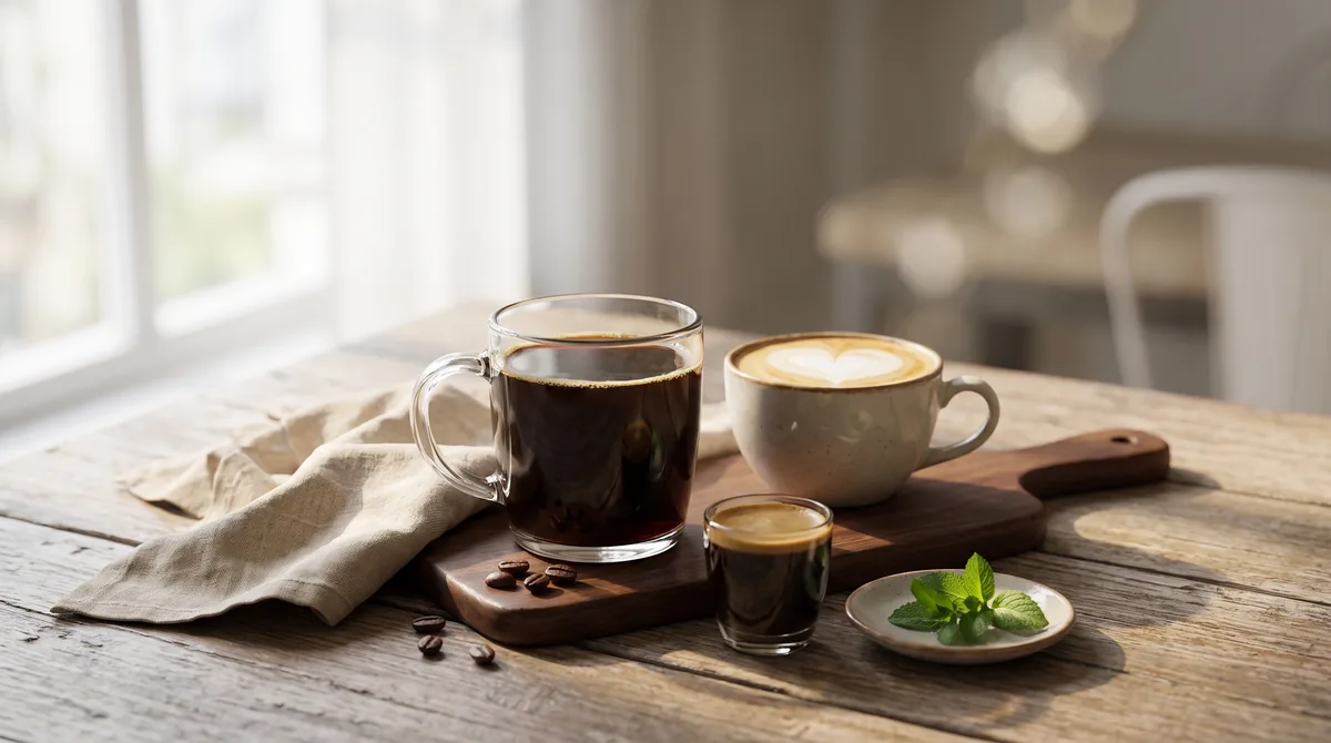 A black coffee, espresso shot, and milk latte on a wooden table representing different coffee beverages.