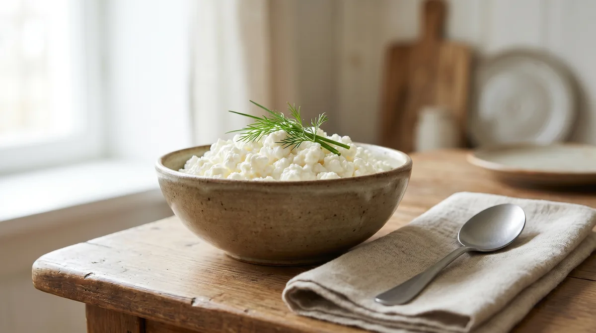A rustic bowl of creamy cottage cheese on a wooden table.