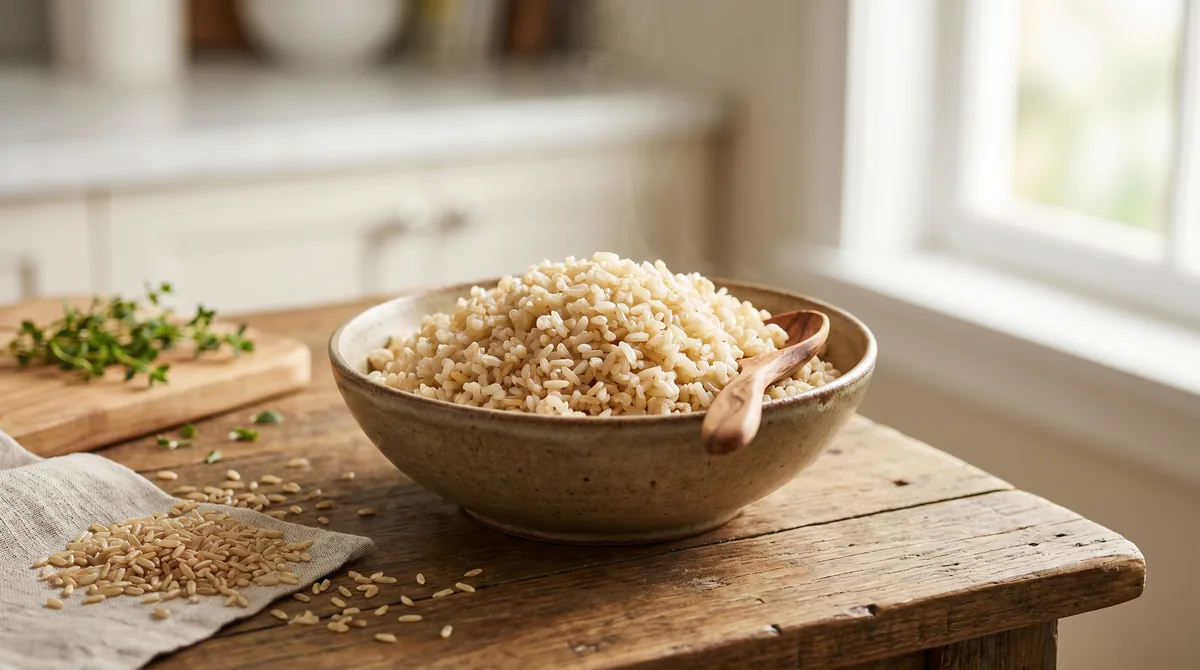 A bowl of cooked brown rice on a wooden table representing whole grains and complex carbohydrates.