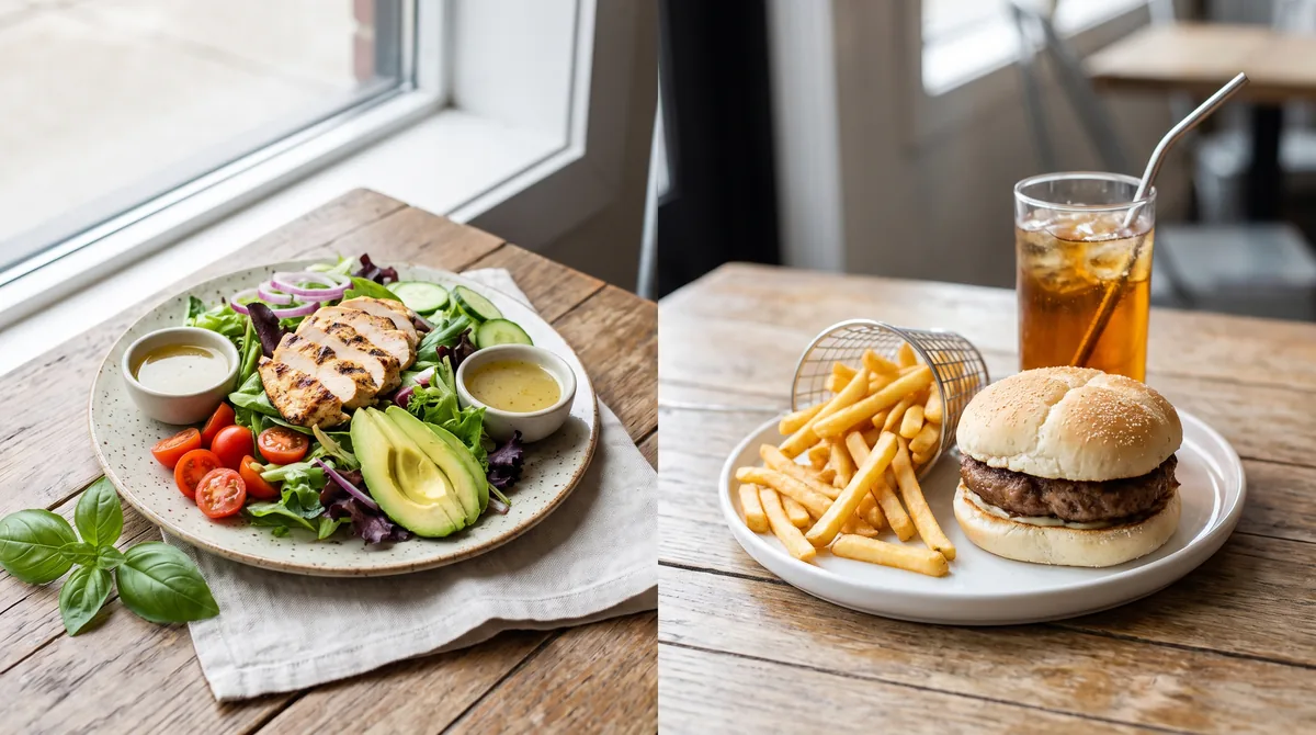 Side-by-side comparison of a healthy fast-food grilled chicken salad next to a standard meal of a burger, french fries, and a large soda.