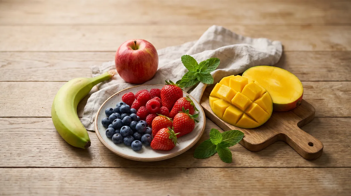 Eine Auswahl an frischem, ganzem Obst, darunter Beeren, ein Apfel, eine grüne Banane und eine Mango auf einem Holztisch, die unterschiedliche glykämische Auswirkungen veranschaulichen.