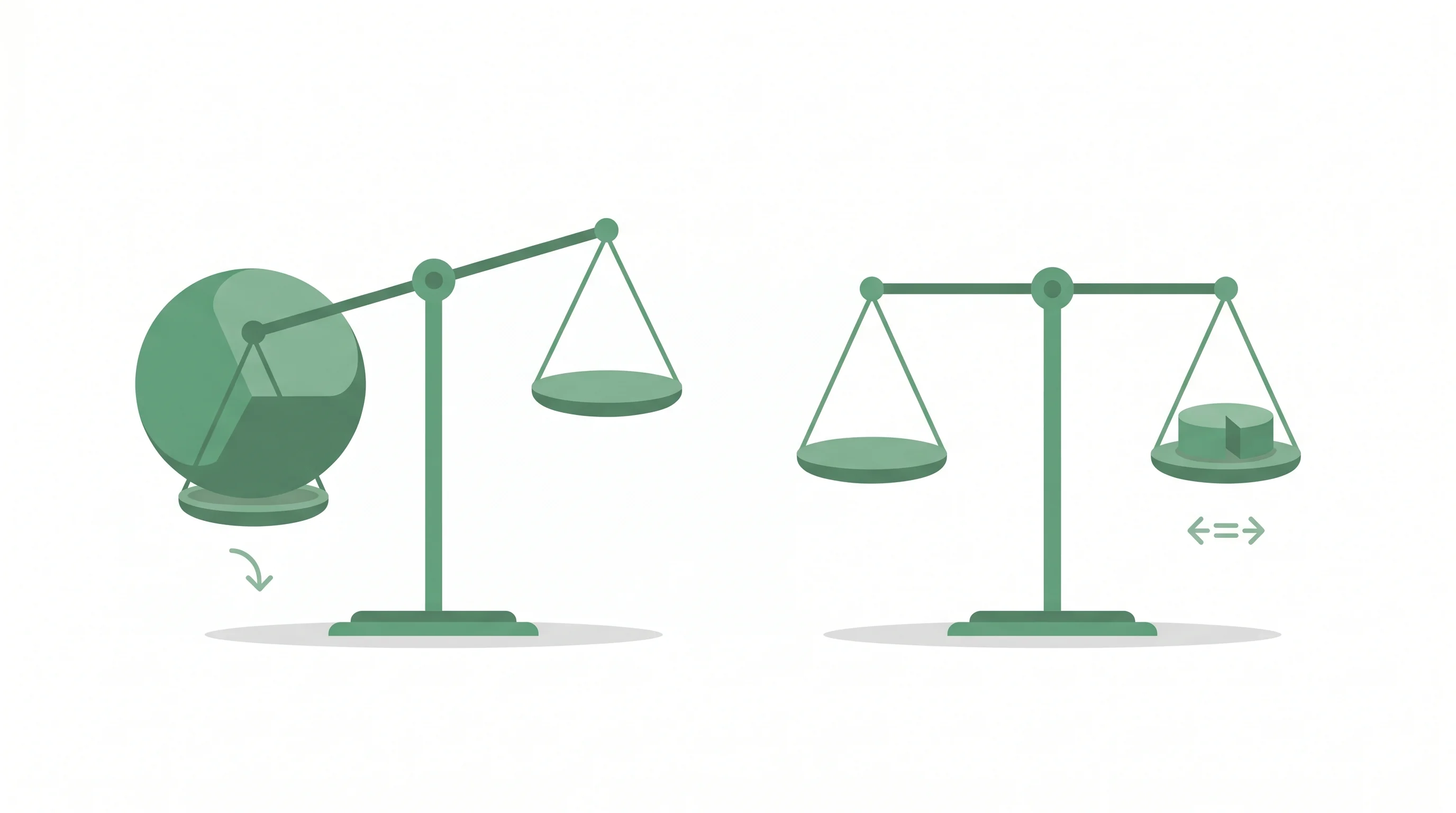 Minimalistisk grafikk i salviegrønt som illustrerer konseptet med glykemisk belastning kontra glykemisk indeks ved hjelp av abstrakte vekter og porsjonsstørrelser.