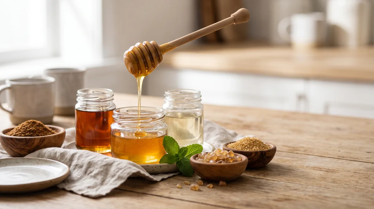 Various natural sweeteners including honey on a wooden dipper, maple syrup, and coconut sugar arranged on a rustic table.