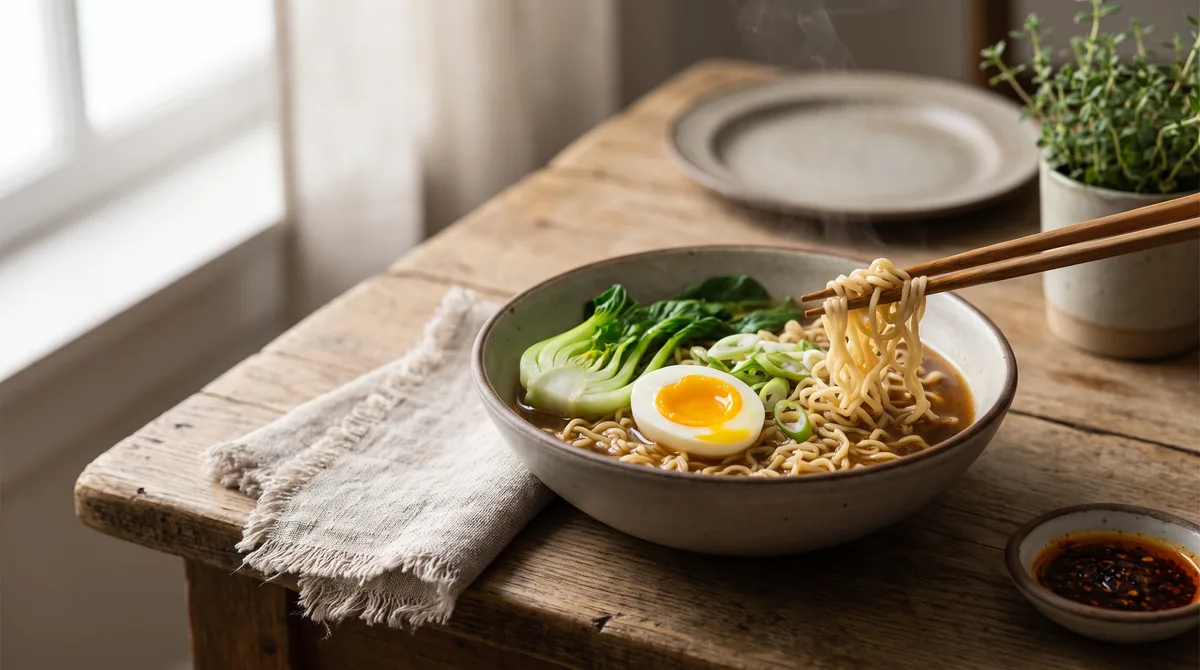 A steaming bowl of instant ramen noodles topped with a soft-boiled egg and fresh greens