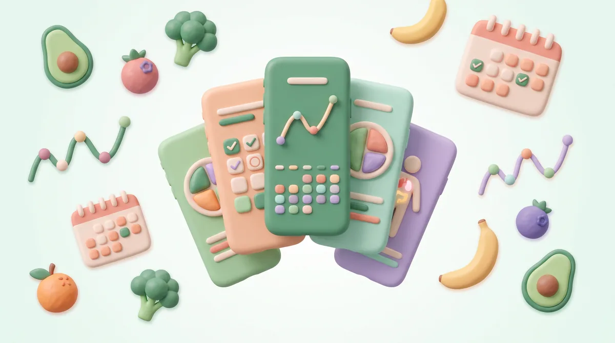 Comparação de diferentes aplicativos de dieta e planejadores de refeições para resistência à insulina exibidos em telas de smartphones.