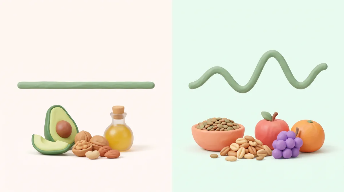 Uma comparação visual da dieta cetogênica e da dieta de baixo índice glicêmico mostrando seus respectivos alimentos e as curvas de açúcar no sangue resultantes.