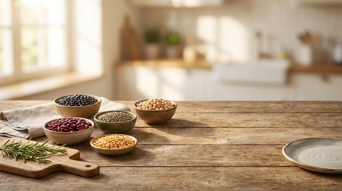 Various rustic bowls filled with different types of legumes including lentils, chickpeas, and beans on a wooden table.