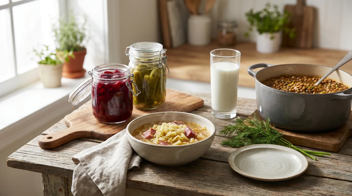 A rustic spread of low-glycemic Eastern European foods including cabbage soup, fermented vegetables, and a glass of kefir on a wooden table.