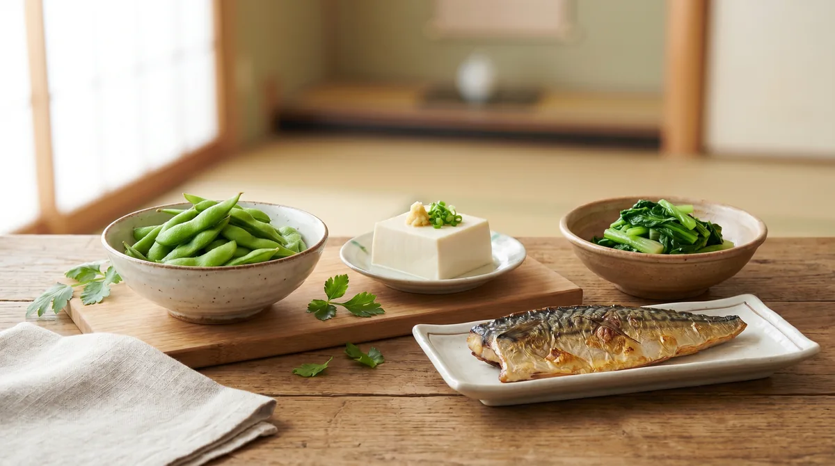 A traditional Japanese spread featuring low-glycemic foods like edamame, silken tofu, and grilled mackerel on a wooden dining table.