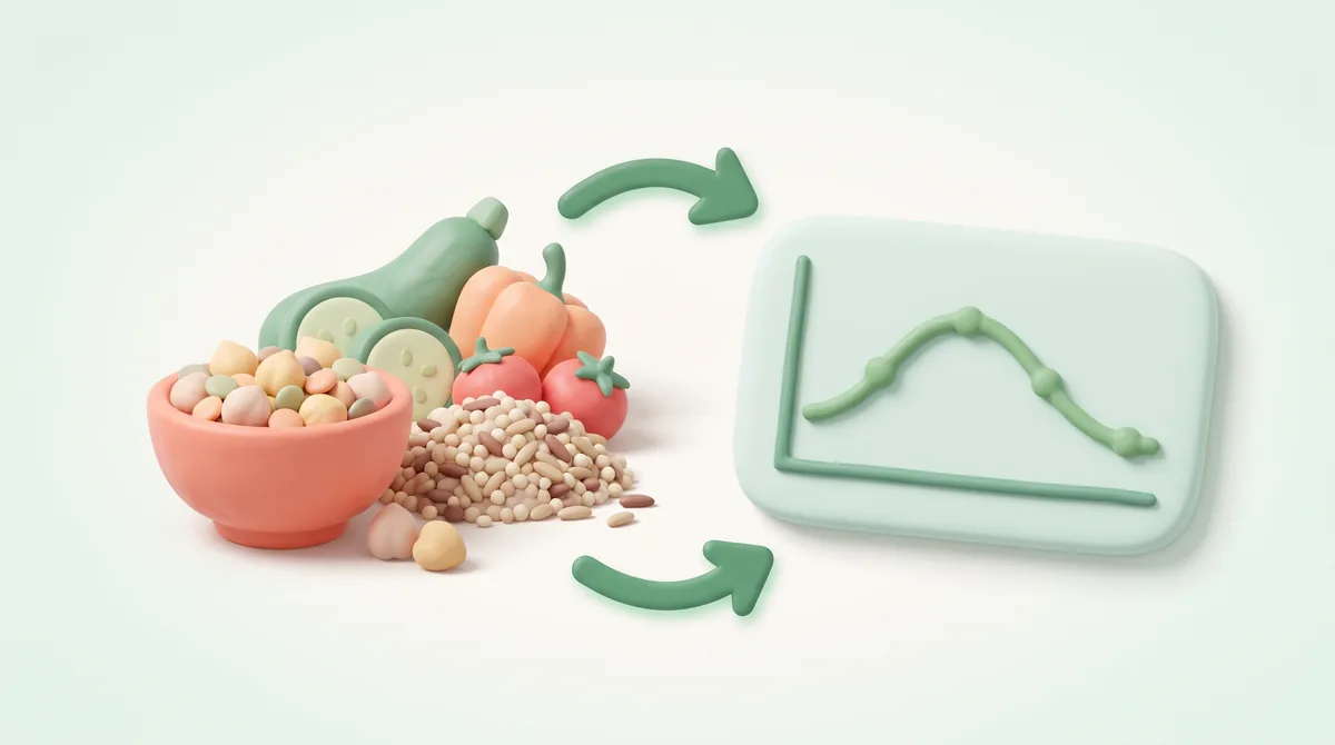Um diagrama ilustrando os mecanismos de como uma refeição da dieta mediterrânea contendo fibras e carboidratos complexos cria uma curva glicêmica plana.