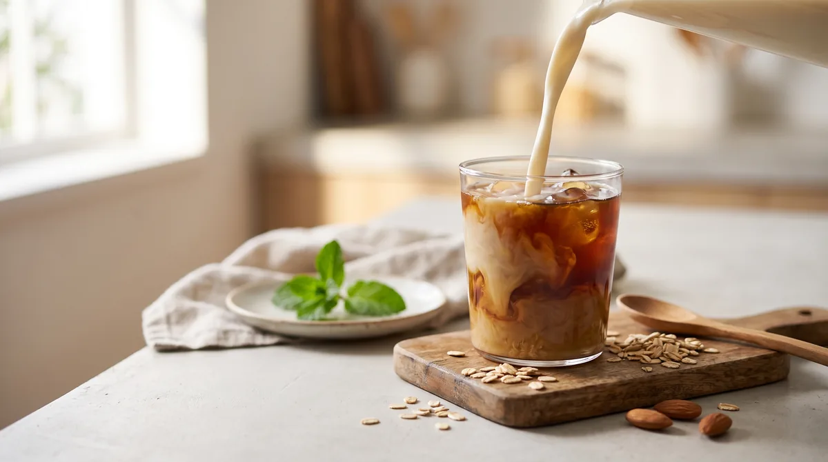 Cremige Hafermilch wird auf einer Küchenarbeitsplatte in ein klares Glas mit Eiskaffee gegossen.