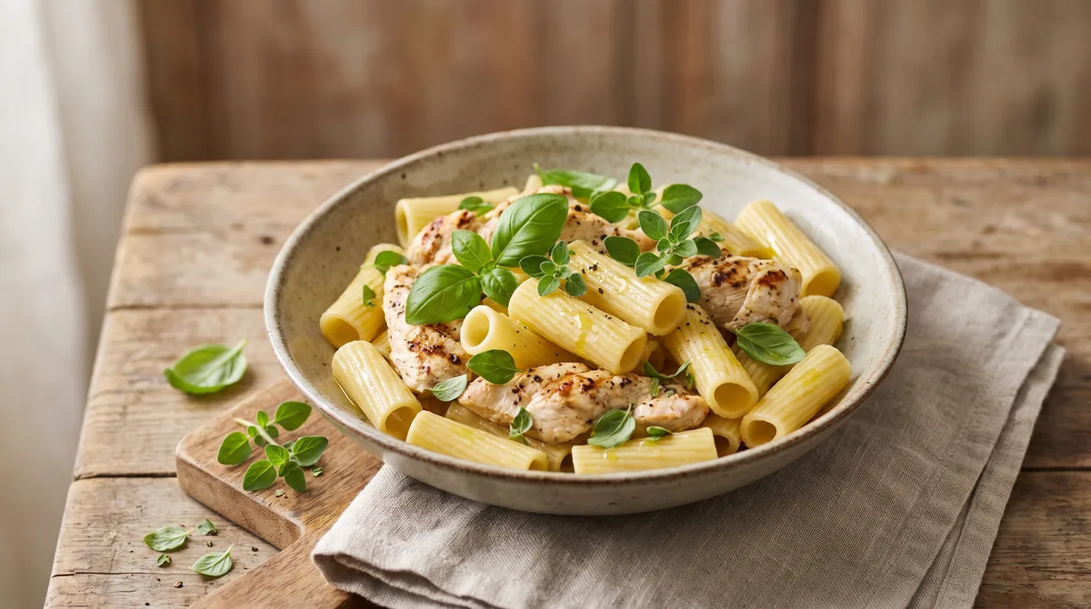 Eine Schüssel mit perfekt gekochter, dicker Rigatoni-Pasta mit Hähnchen und Olivenöl, die eine blutzuckerfreundliche Pasta-Mahlzeit darstellt.
