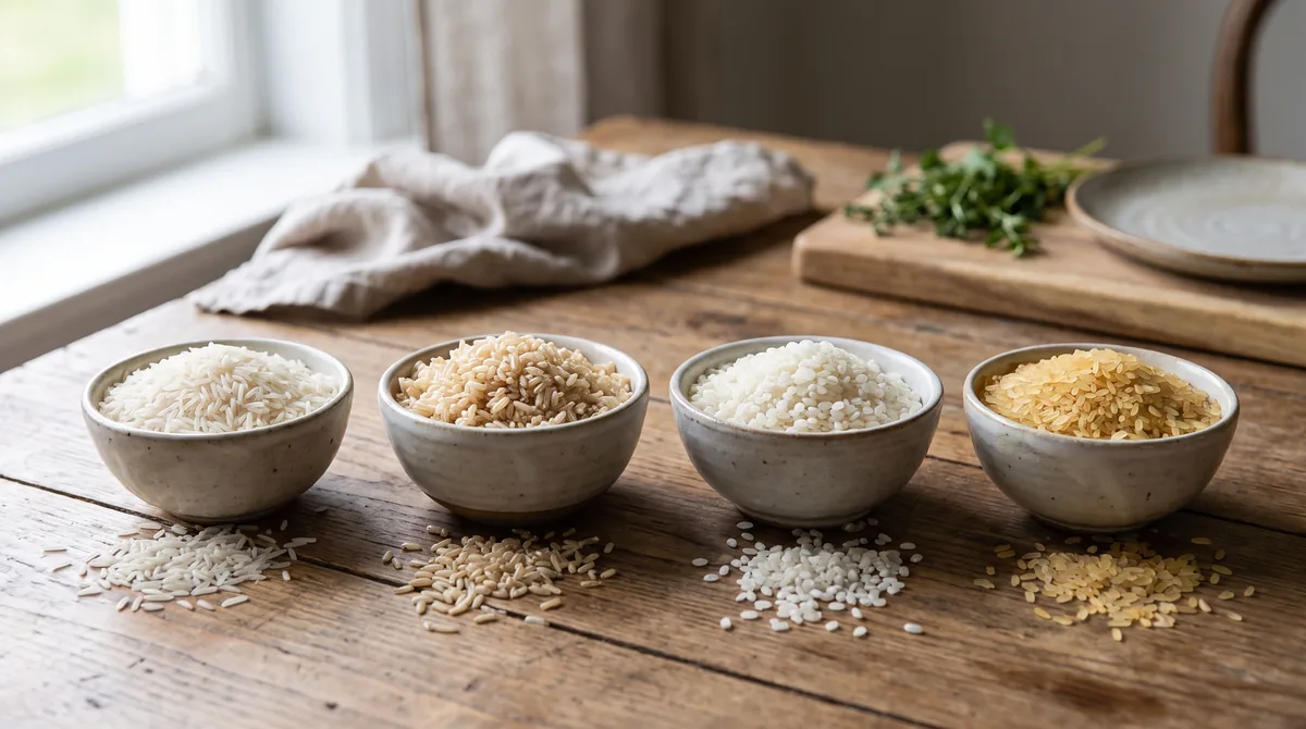 Verschiedene Arten von rohem und gekochtem Reis, darunter Basmati, brauner Reis und Sushi-Reis, präsentiert in kleinen Keramikschalen auf einem Holztisch.