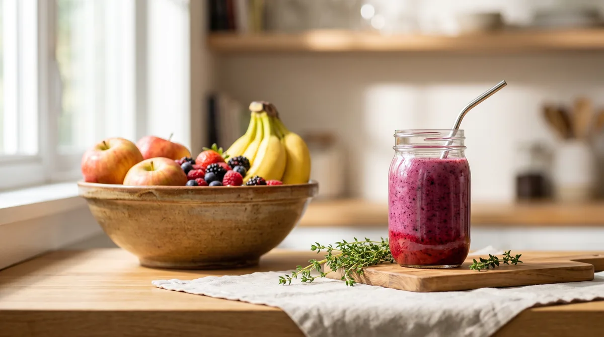 Et glass med nylaget fruktsmoothie stående ved siden av en skål med hele epler, bananer og bær på en kjøkkenbenk.