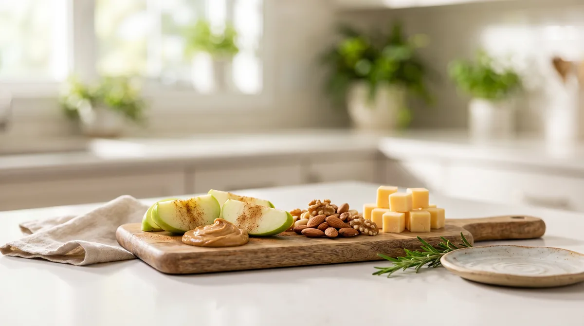 A wooden board displaying healthy blood sugar-friendly snacks including apple slices with peanut butter, mixed nuts, and cheese cubes.