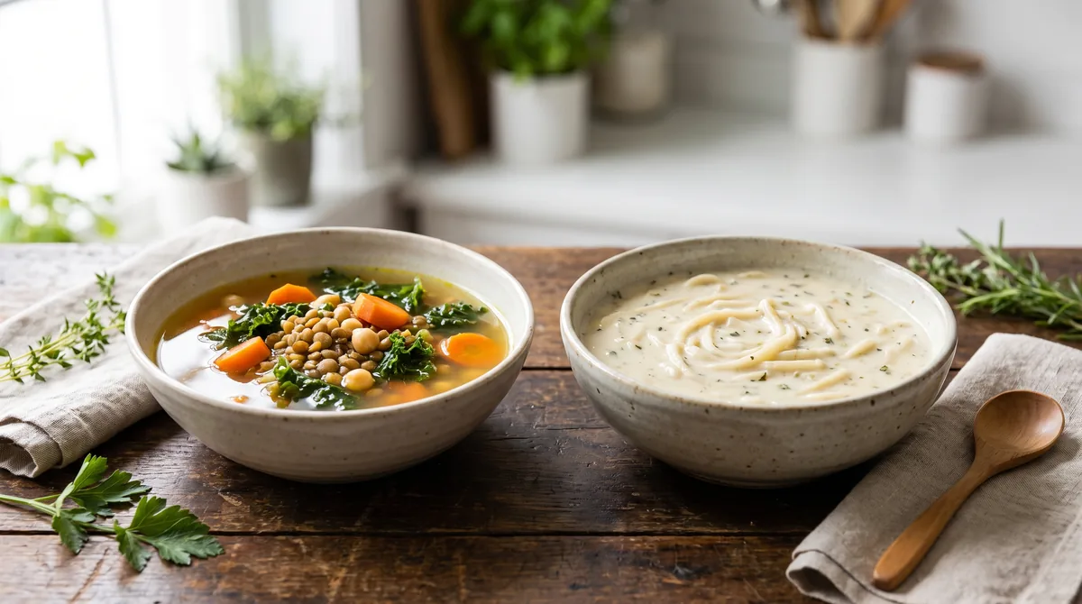 Side-by-side comparison of a low-glycemic chunky vegetable bean soup and a high-glycemic creamy noodle soup.