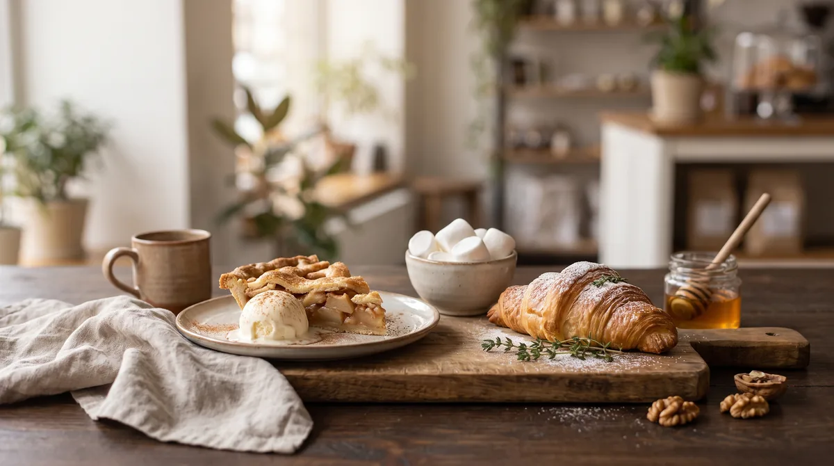 A slice of apple pie, marshmallows, and a croissant on a table, representing common sweet baked goods.