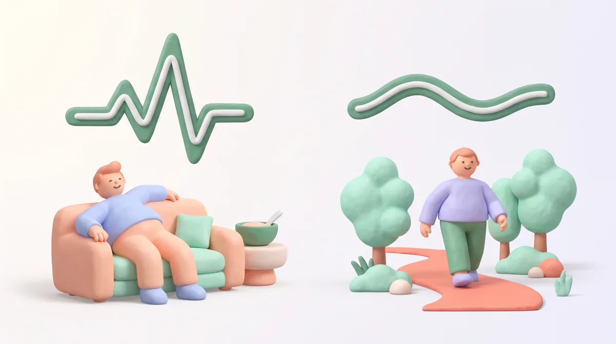 Comparison showing a steep glucose spike when sitting after a meal versus a flattened glucose curve when walking after eating.