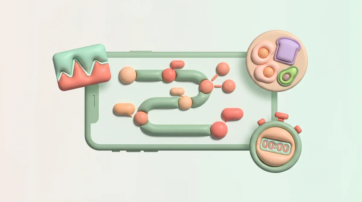 A smartphone showing a gamified learning track for blood sugar management surrounded by health and time icons.