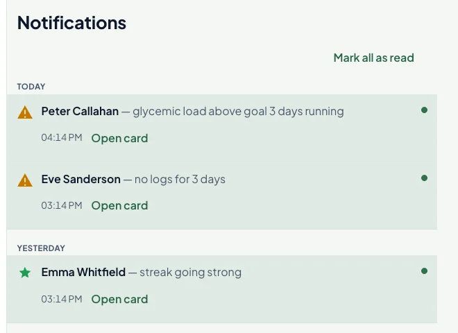 Notifications: glycemic load above goal, no logs for 3 days, streak going strong