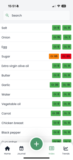 Logi app, food index screen