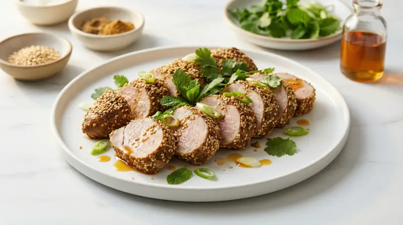 Sesame-Spiced Pork Tenderloin with Aromatic Asian Herbs - Low Glycemic Recipe