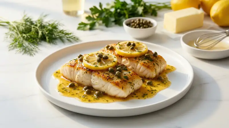 Lemon-Caper Baked Cod with Herb Butter Sauce - Low Glycemic Recipe