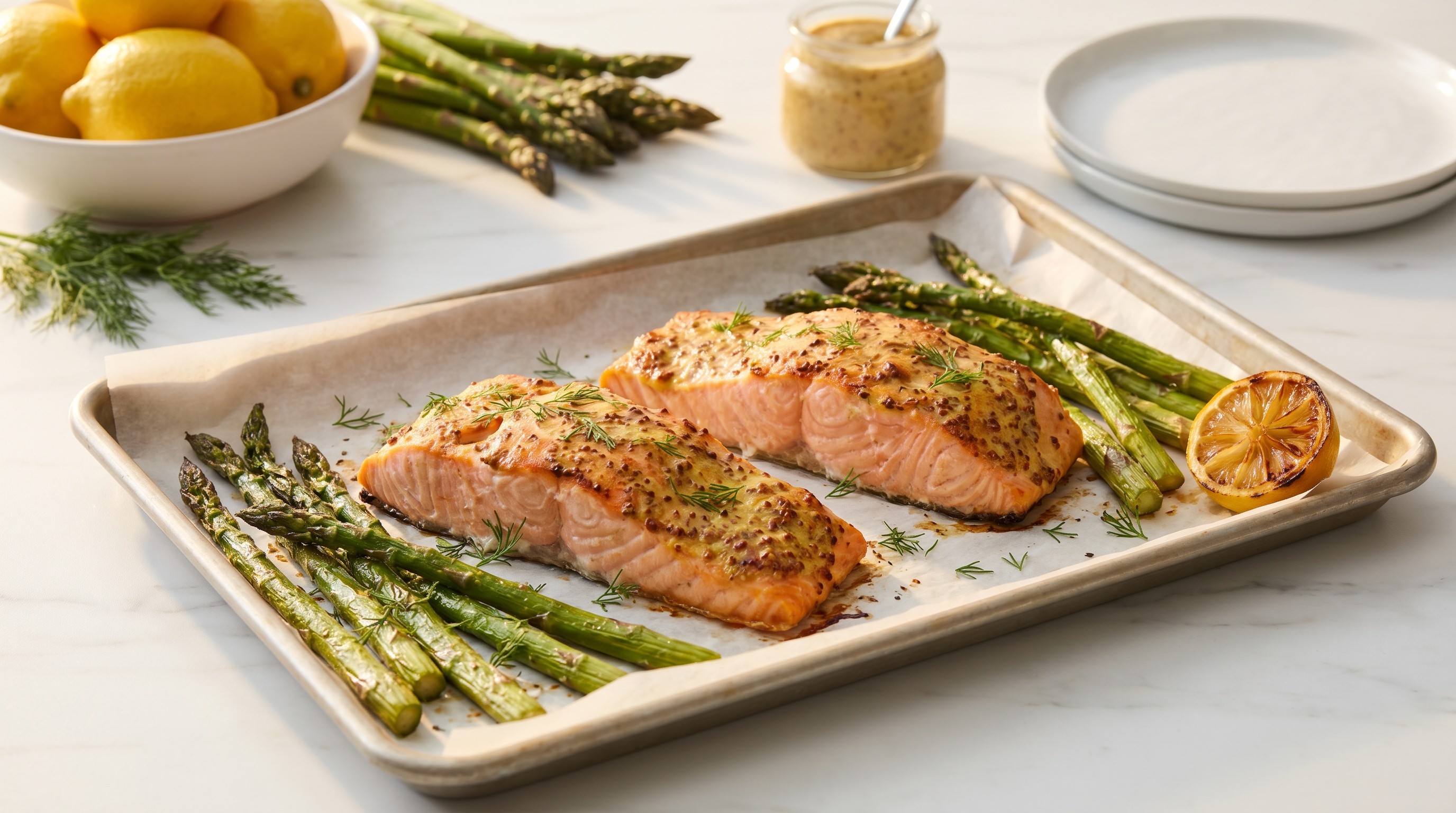 Baked Salmon with Asparagus and Lemon-Mustard Sauce - Low Glycemic Recipe
