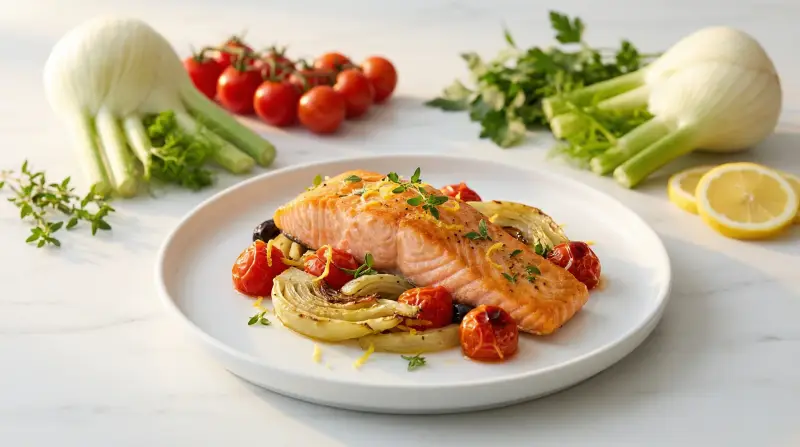 Mediterranean Baked Salmon with Fennel and Cherry Tomatoes - Low Glycemic Recipe