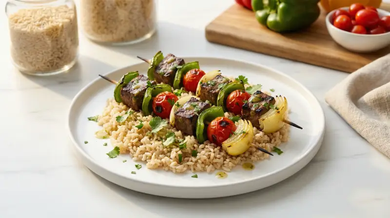 Grilled Sirloin and Vegetable Skewers with Nutty Brown Rice - Low Glycemic Recipe