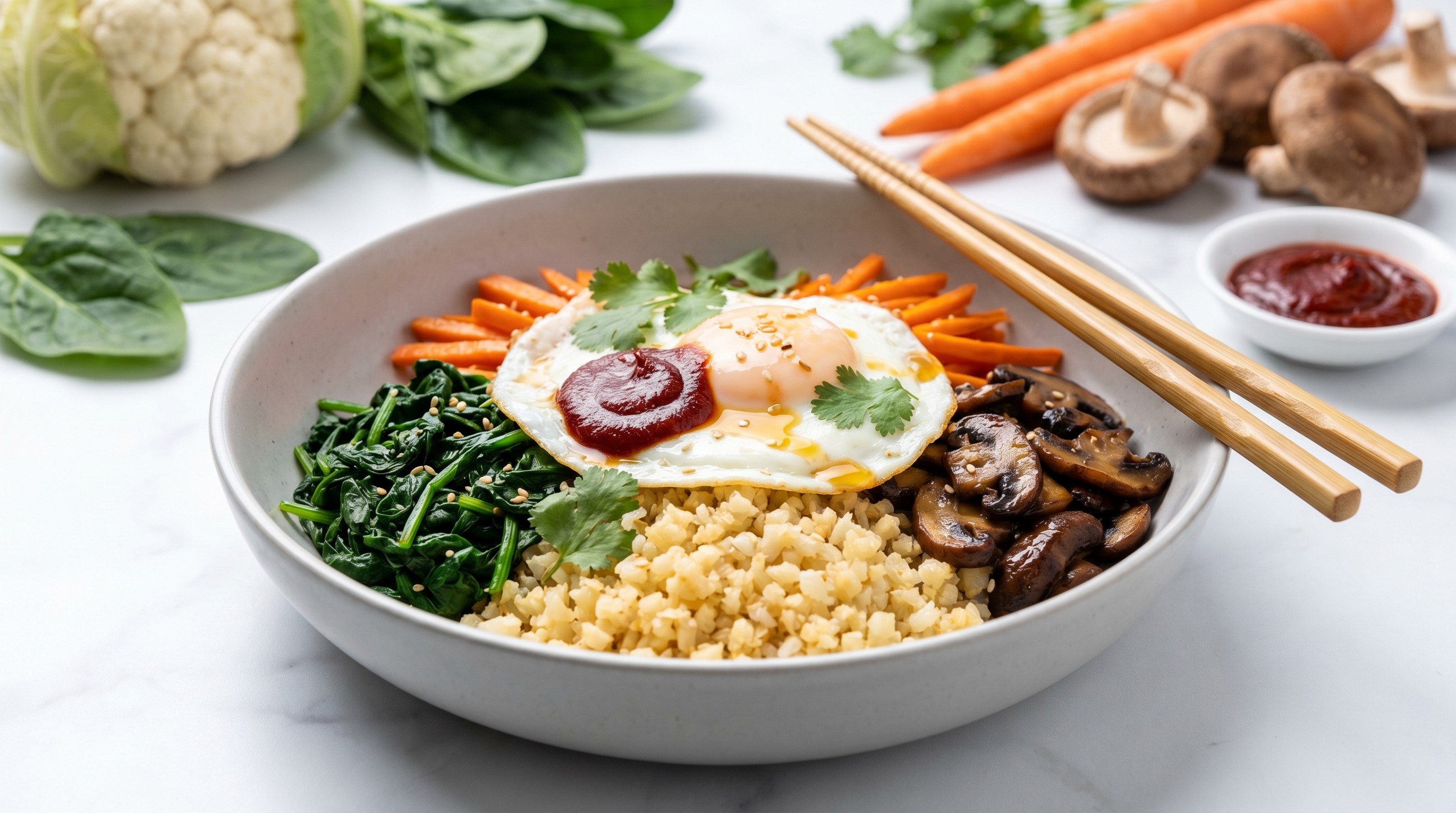 Bibimbap Bowl with Cauliflower Rice and Gochujang Egg - Low Glycemic Recipe