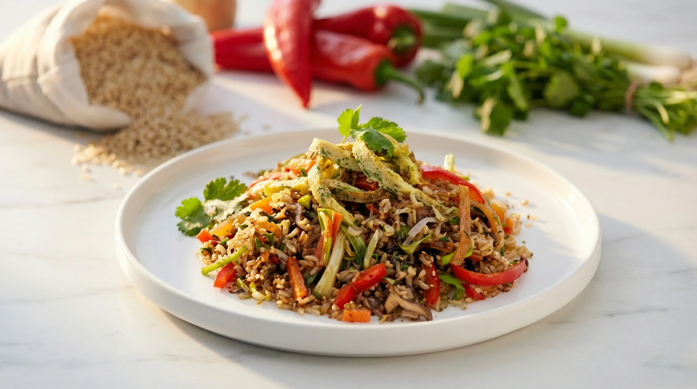 Low-GI Brown Rice Stir-Fry with Herb Omelette Ribbons - Low Glycemic Recipe
