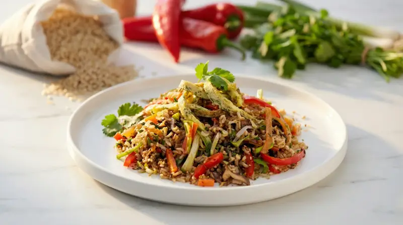 Low-GI Brown Rice Stir-Fry with Herb Omelette Ribbons - Low Glycemic Recipe