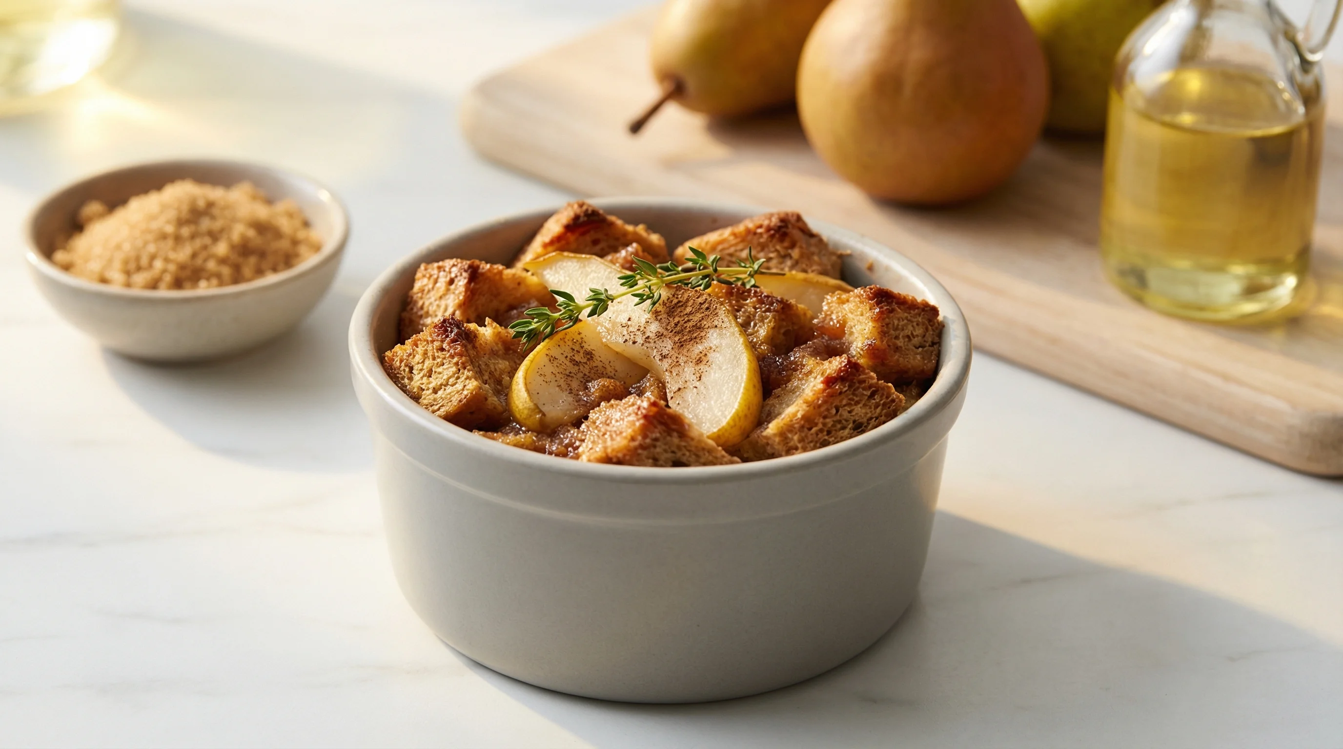 Whole Grain Pear Bread Pudding with Warm Spices - Low Glycemic Recipe