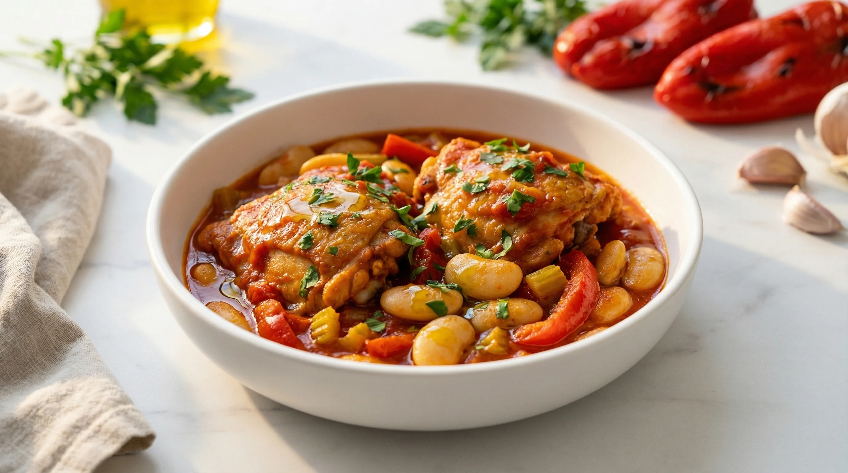 Mediterranean Chicken and Butter Bean Stew with Roasted Peppers - Low Glycemic Recipe