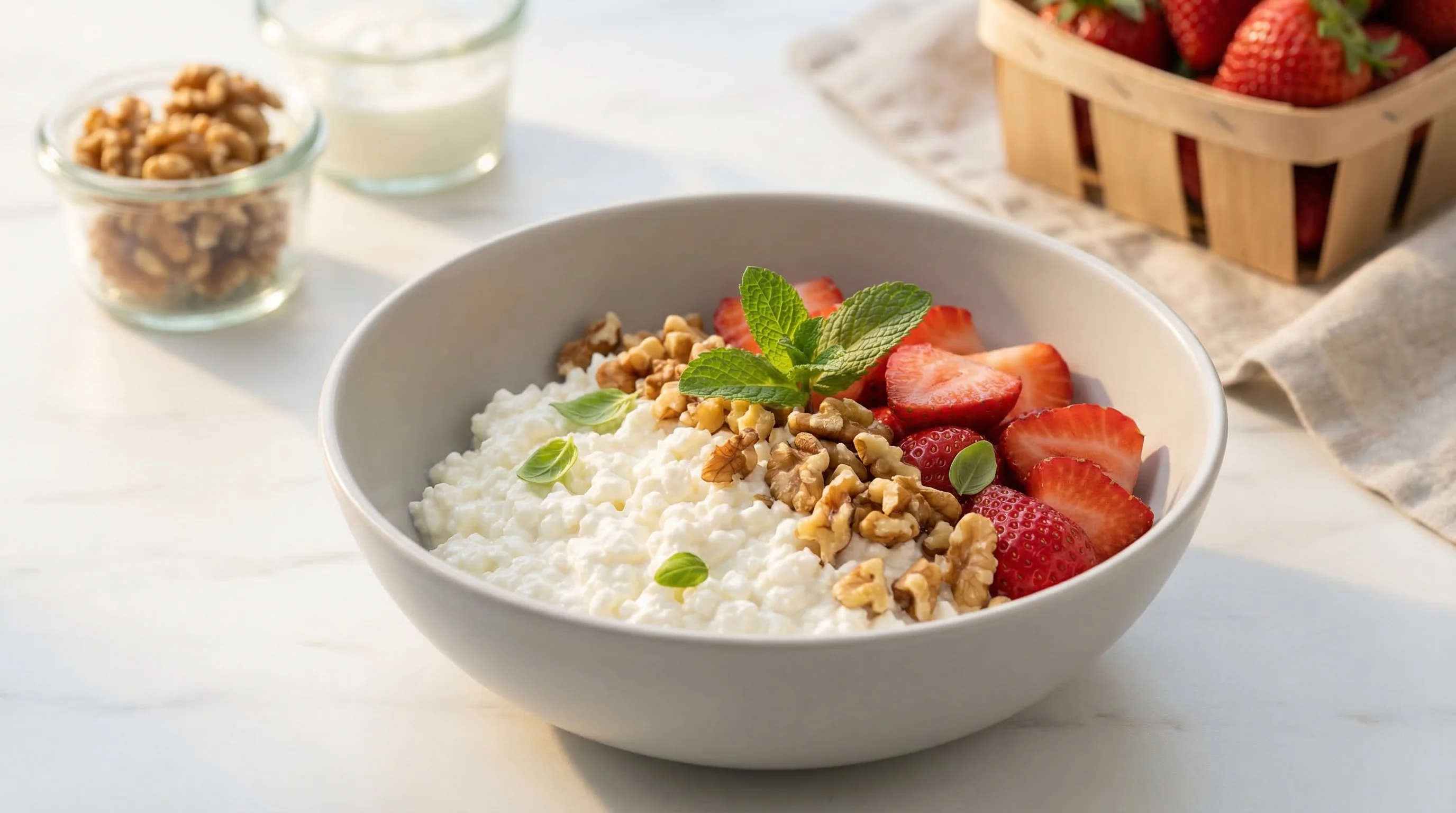 Low-Glycemic Cottage Cheese Bowl with Fresh Strawberries and Walnuts - Low Glycemic Recipe