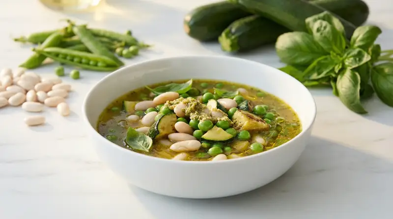 Low-Glycemic Courgette, Pea & White Bean Soup with Basil Pesto - Low Glycemic Recipe