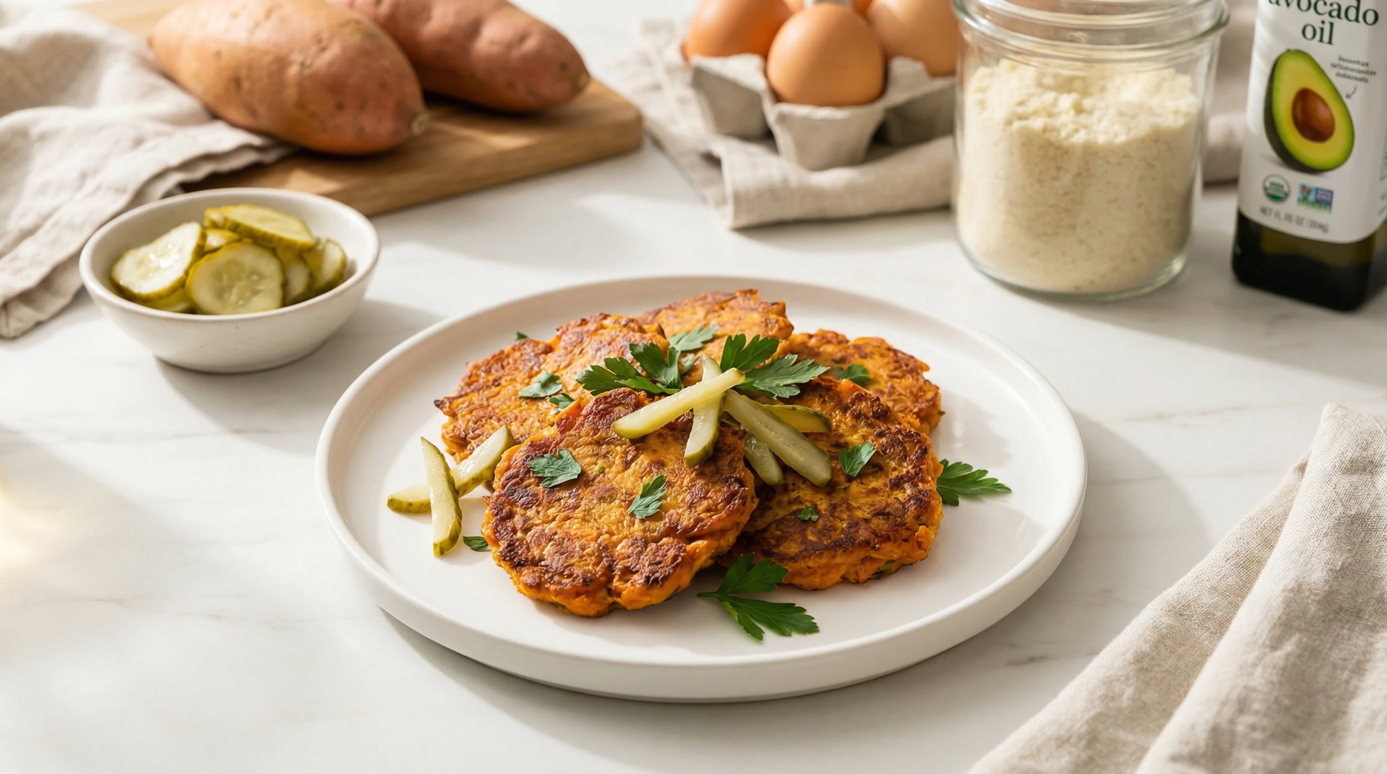 Golden Sweet Potato Fritters with Almond Flour and Fermented Pickles - Low Glycemic Recipe
