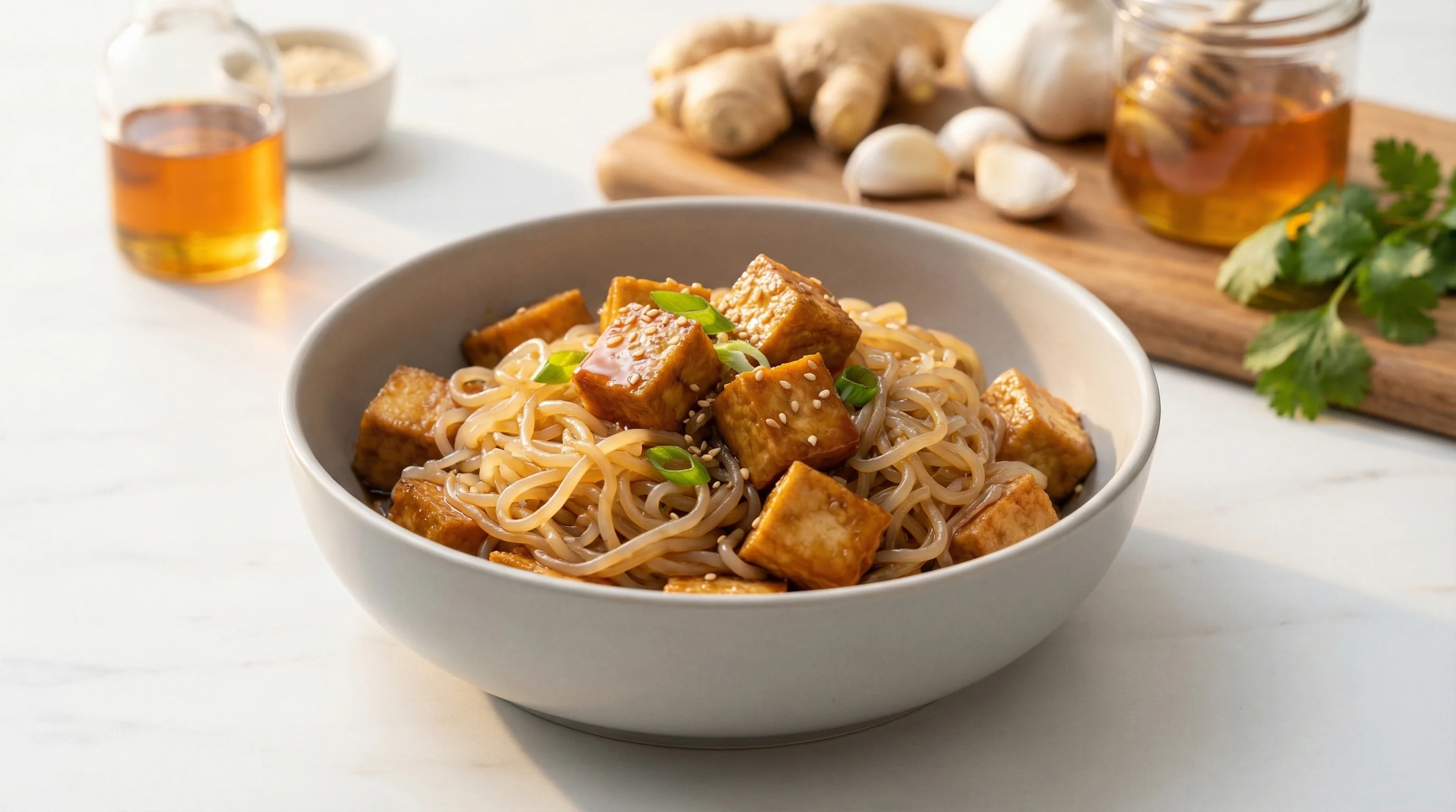Low-Glycemic Crispy Tofu & Shirataki Noodle Teriyaki Bowl - Low Glycemic Recipe
