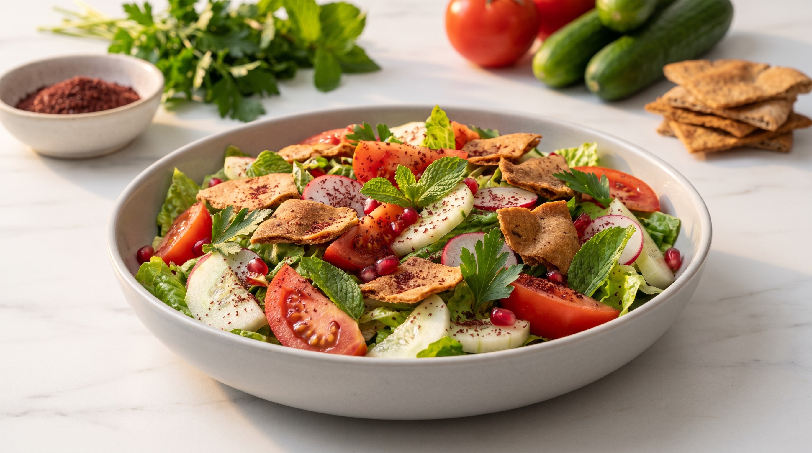 Fattoush with Wholegrain Pita Chips - Low Glycemic Recipe