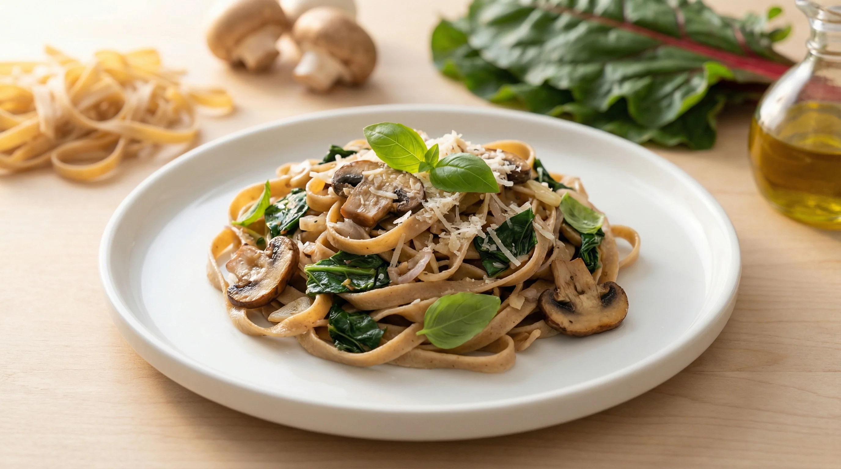 Low-Glycemic Whole Wheat Fettuccine with Sautéed Swiss Chard and Mushrooms - Low Glycemic Recipe