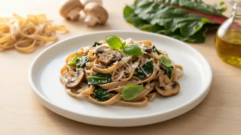 Low-Glycemic Whole Wheat Fettuccine with Sautéed Swiss Chard and Mushrooms - Low Glycemic Recipe