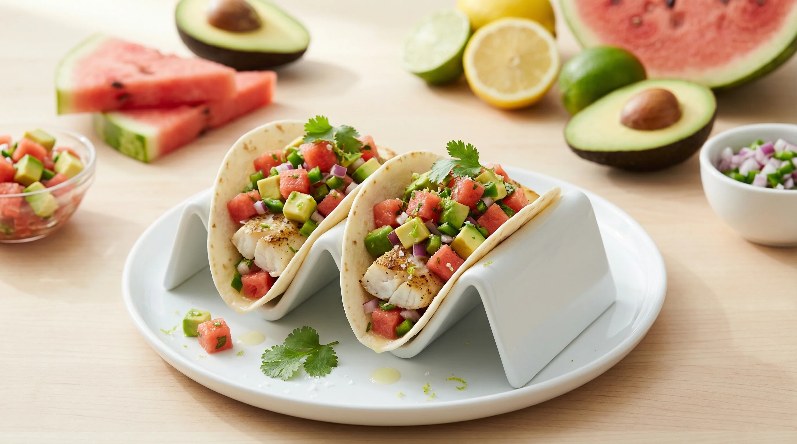 Grilled White Fish Tacos with Fresh Watermelon-Avocado Salsa - Low Glycemic Recipe