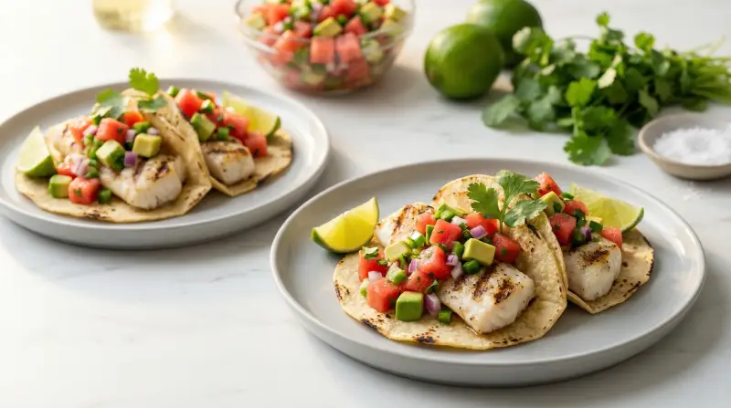 Grilled White Fish Tacos with Fresh Watermelon-Avocado Salsa - Low Glycemic Recipe